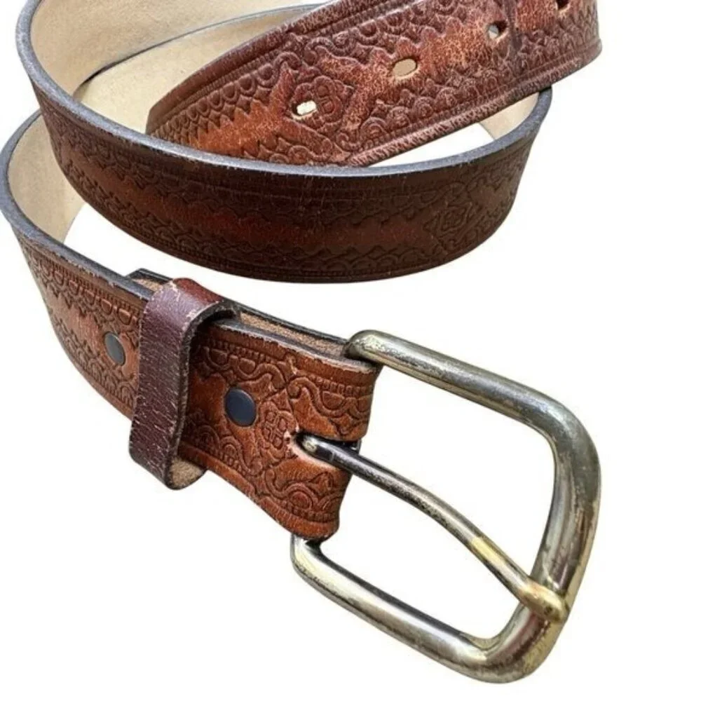 VTG 70s Western Boho Leather Brown Belt Tooled Handcrafted Design Men’s 45”